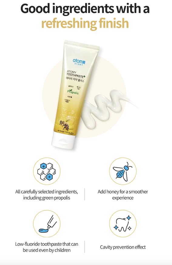 Close-up of ingredients including propolis, mastic oil, myrrh tincture, xylitol, and green tea extract
