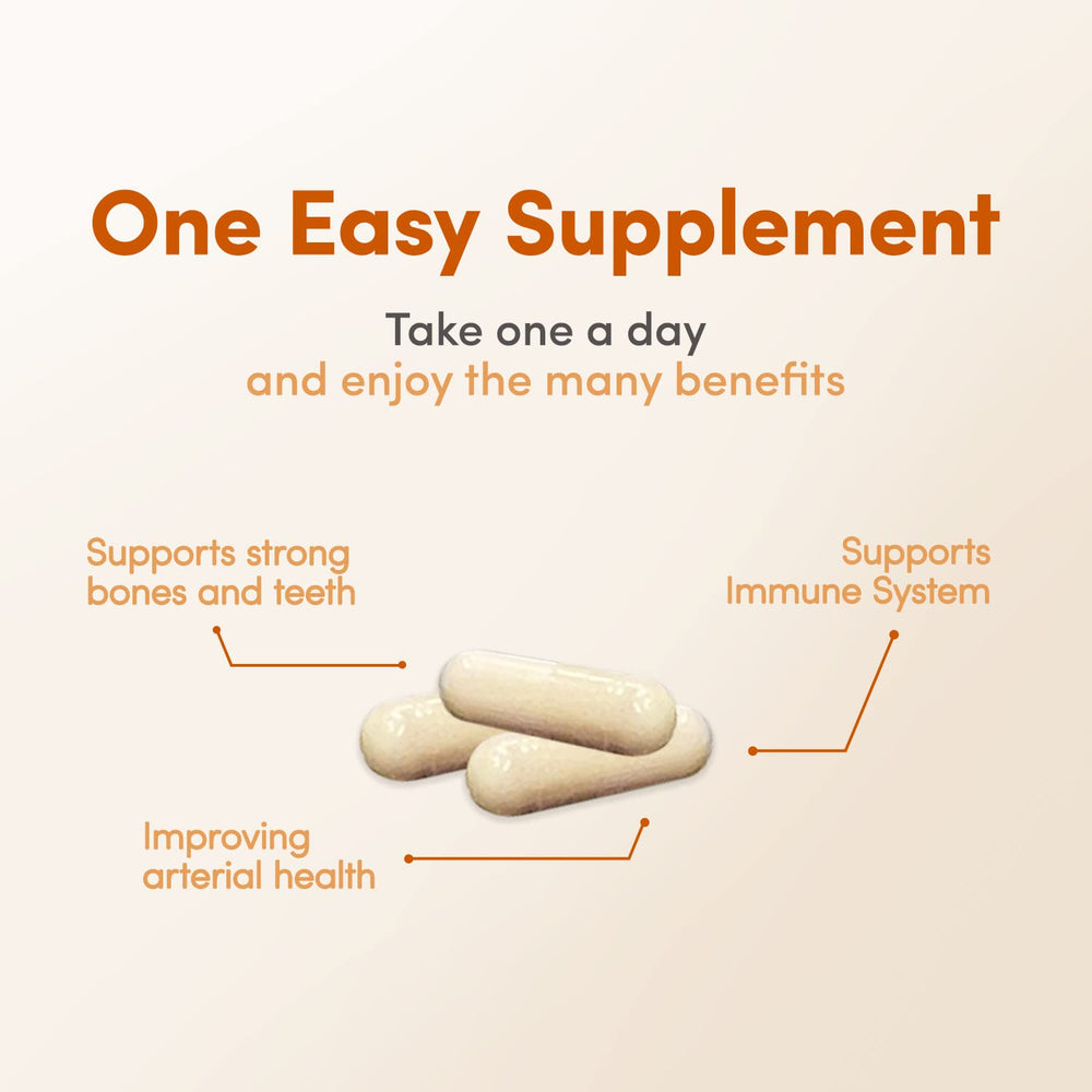 Vitamin A, D3, and K2 capsules highlighting high-potency formula