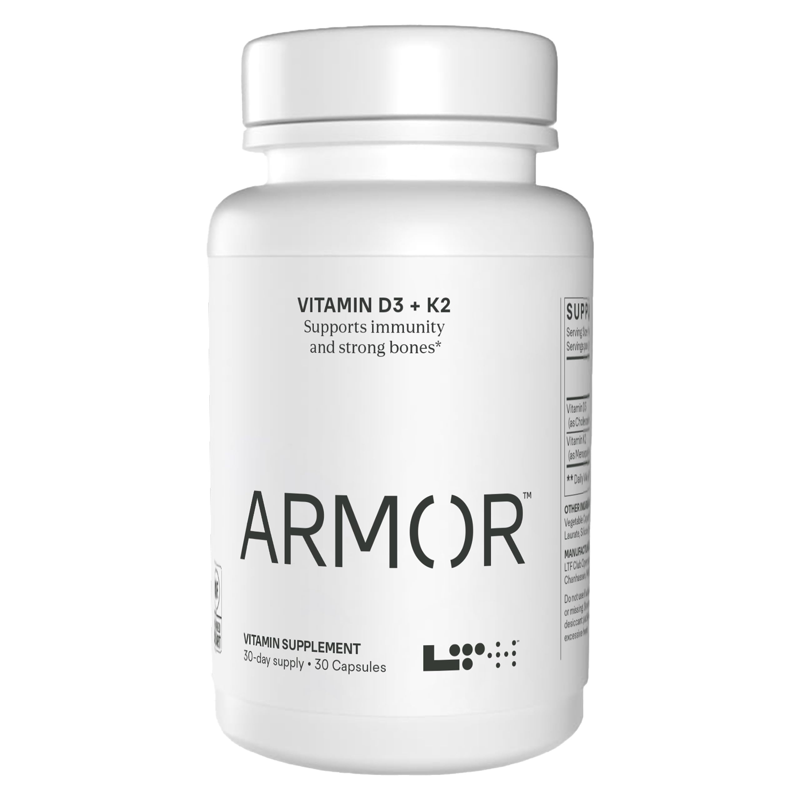 Front view of LTH Armor Vitamin D3 & K2 bottle