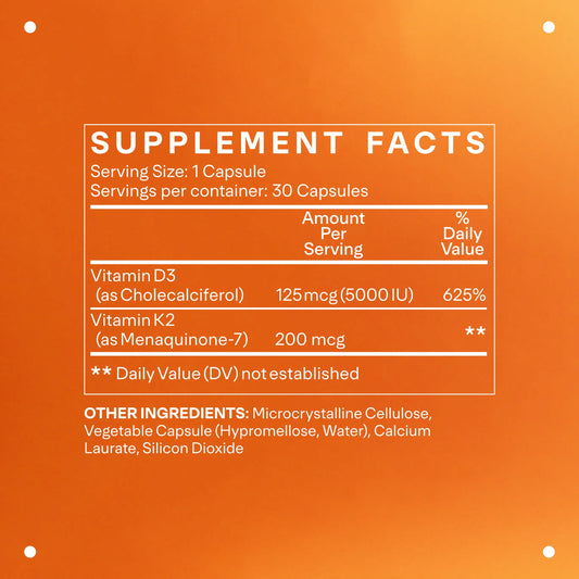 Close-up of vitamin D3 & K2 capsules
