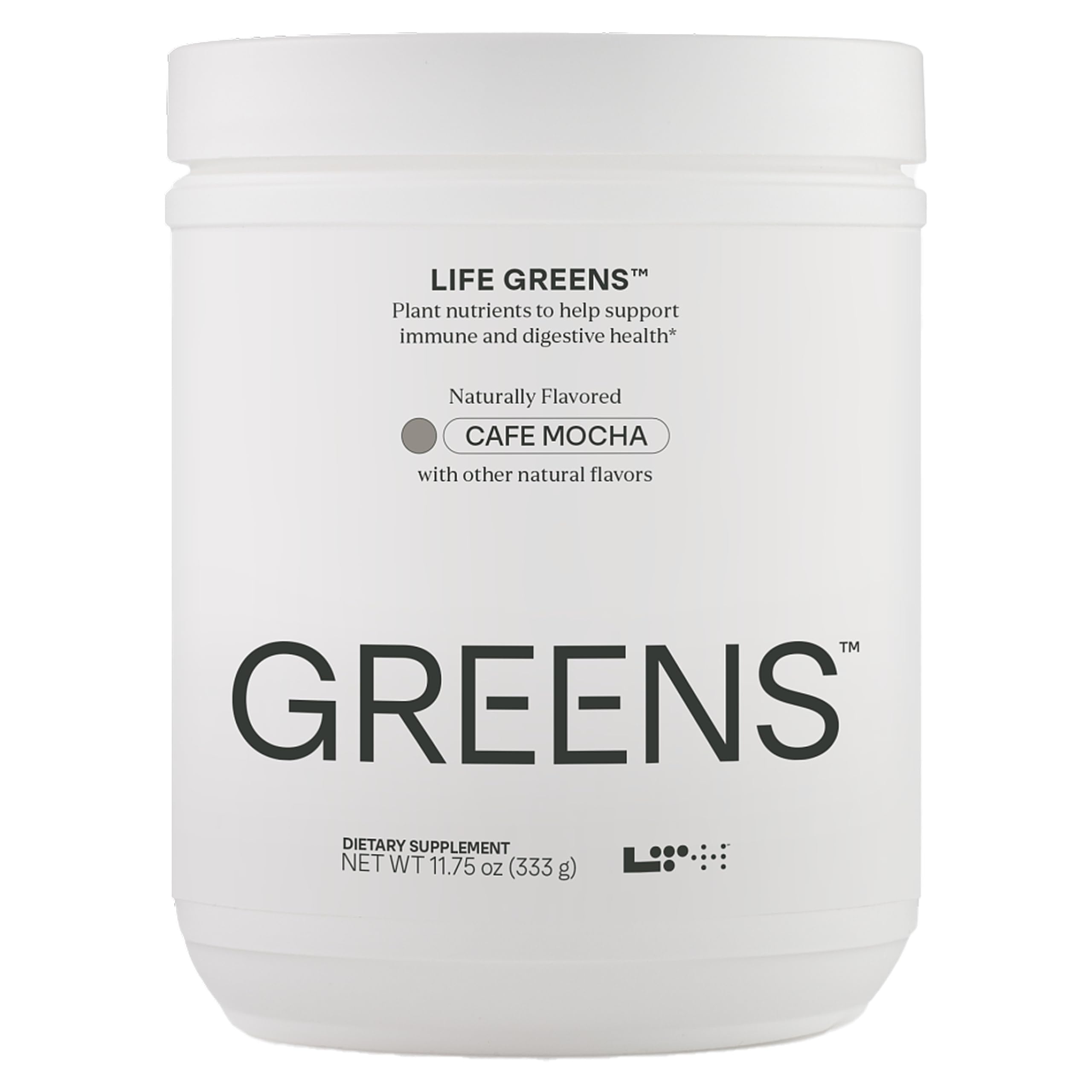 Front view of LTH Life Greens Cafe Mocha canister