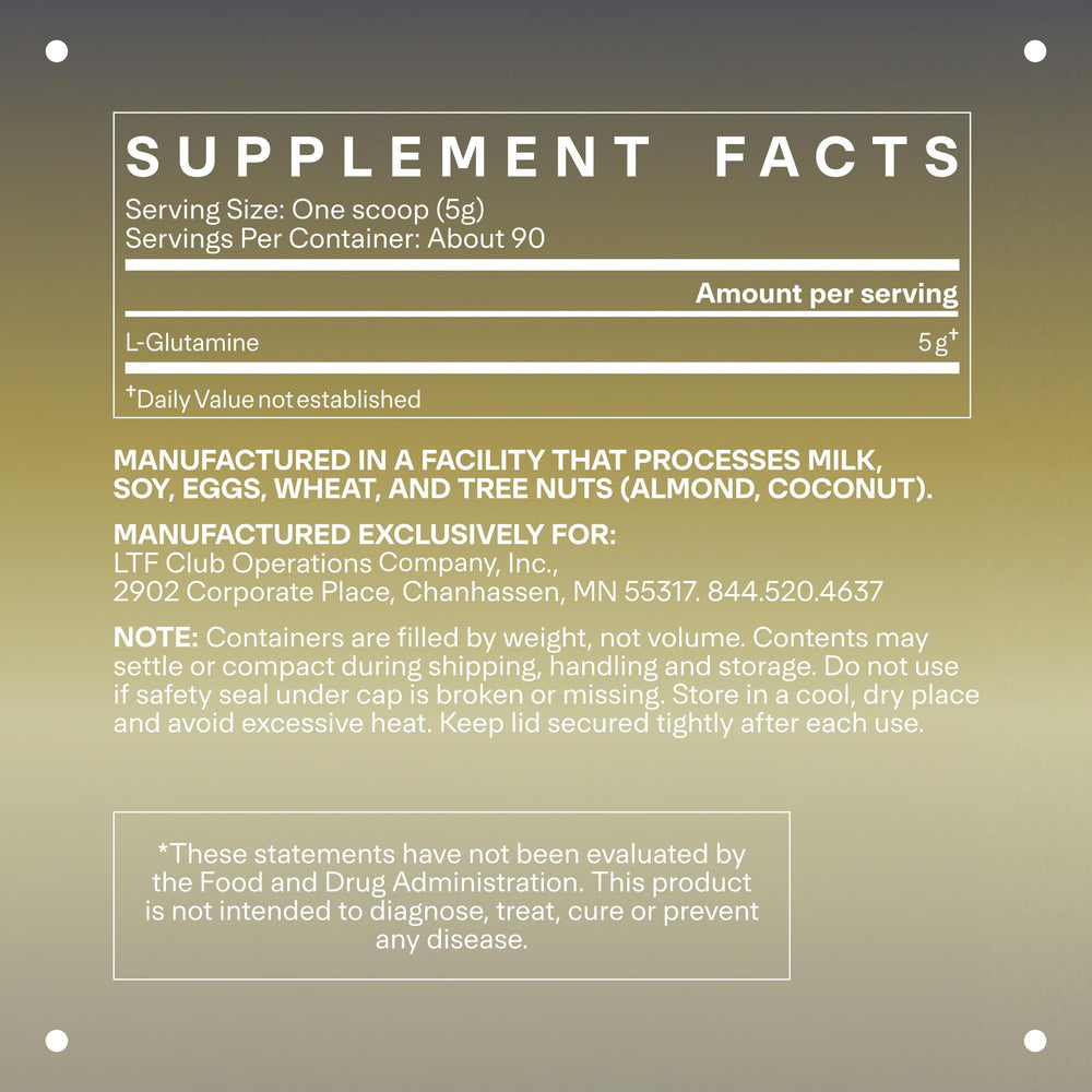 LTH Repair L-Glutamine jar with label showing ingredients