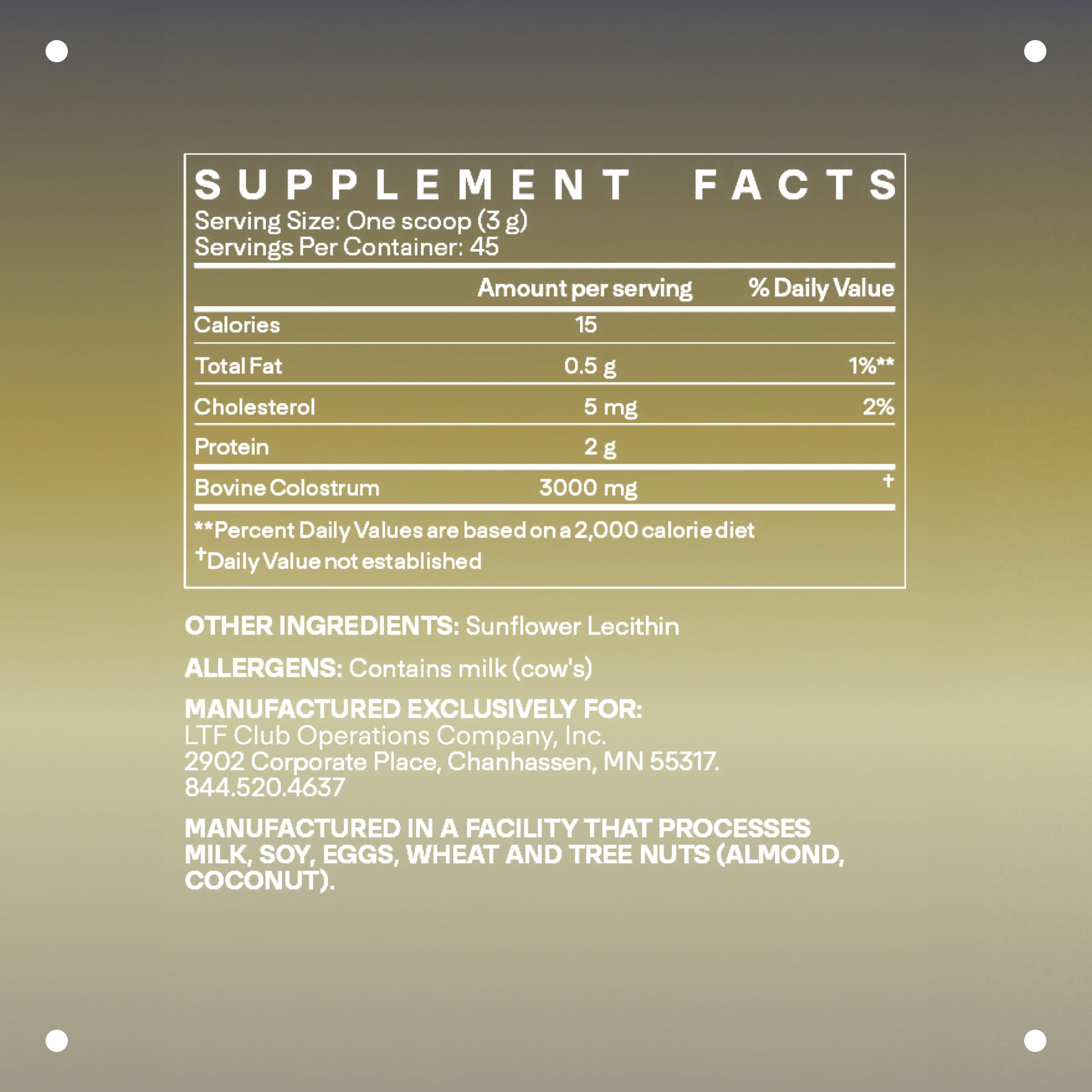 Back label with ingredients and third-party testing information