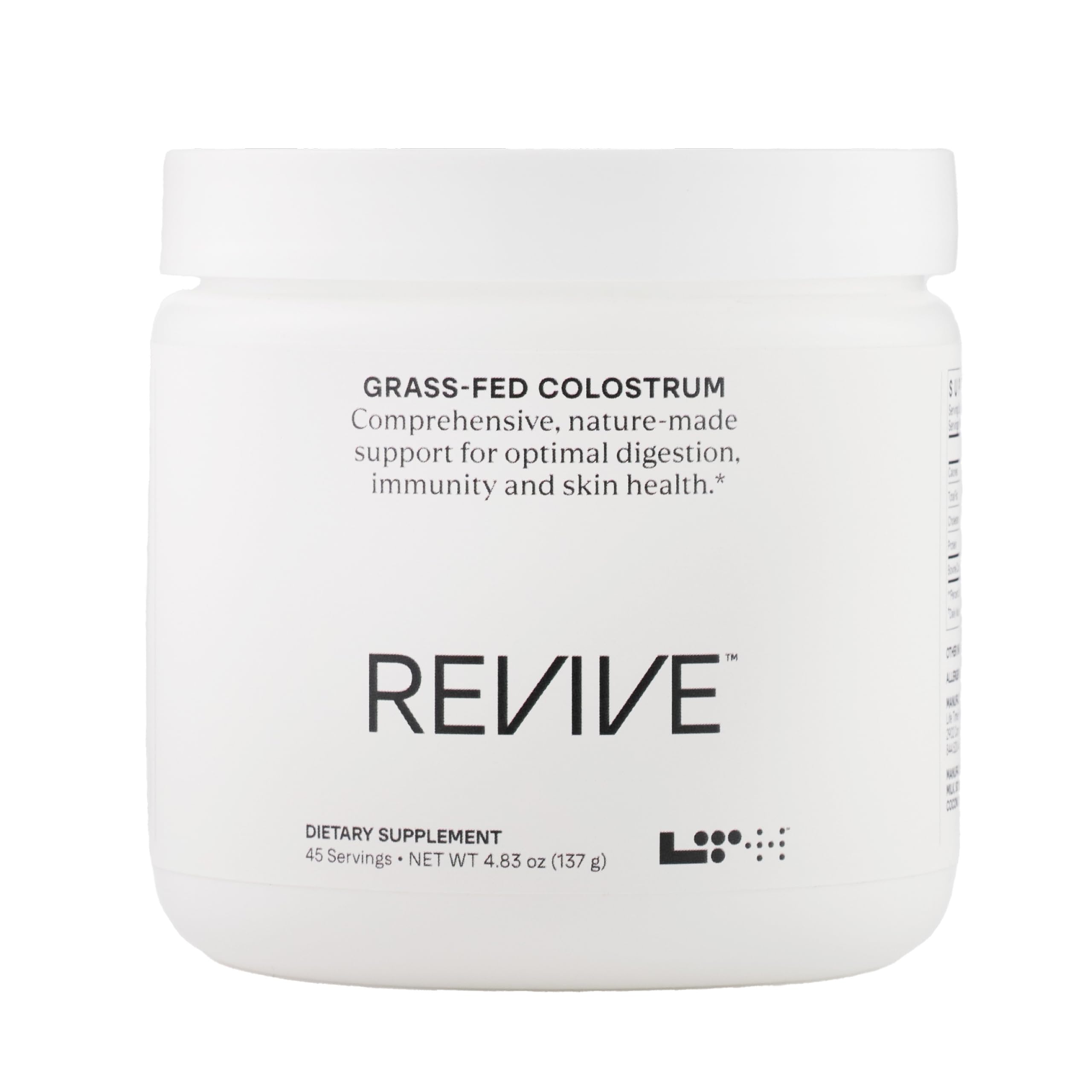 Front view of LTH Revive Grass-Fed Colostrum Powder jar