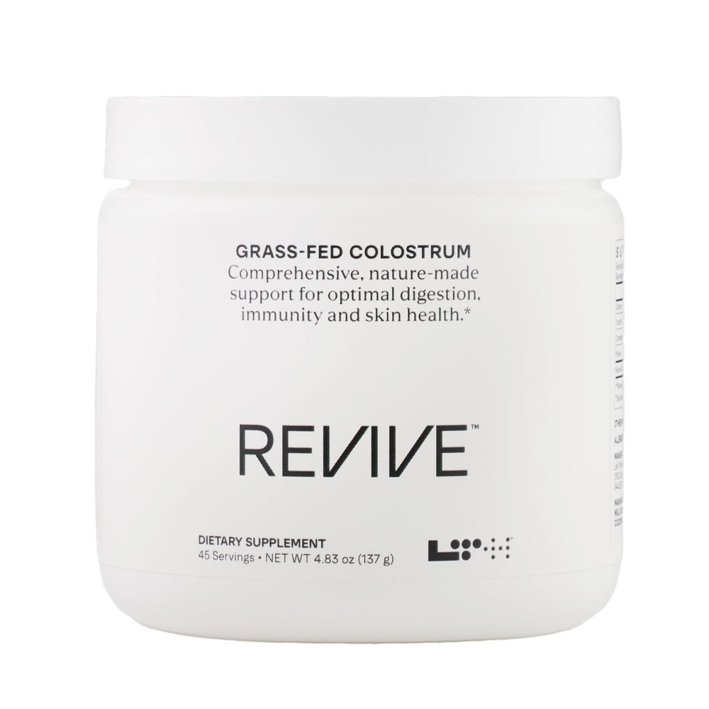 Front view of LTH Revive Grass-Fed Colostrum Powder jar