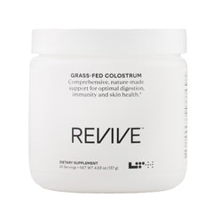 Front view of LTH Revive Grass-Fed Colostrum Powder jar