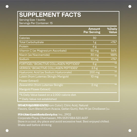Back label of LTH Rewind Collagen Elixir bottle with product details