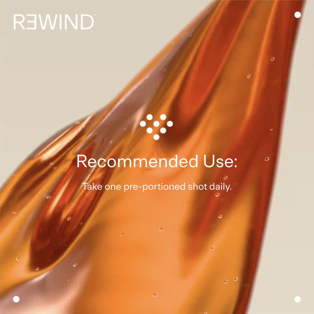 Pack shot showing 15 bottles of Rewind Collagen Elixir, 30 ml each
