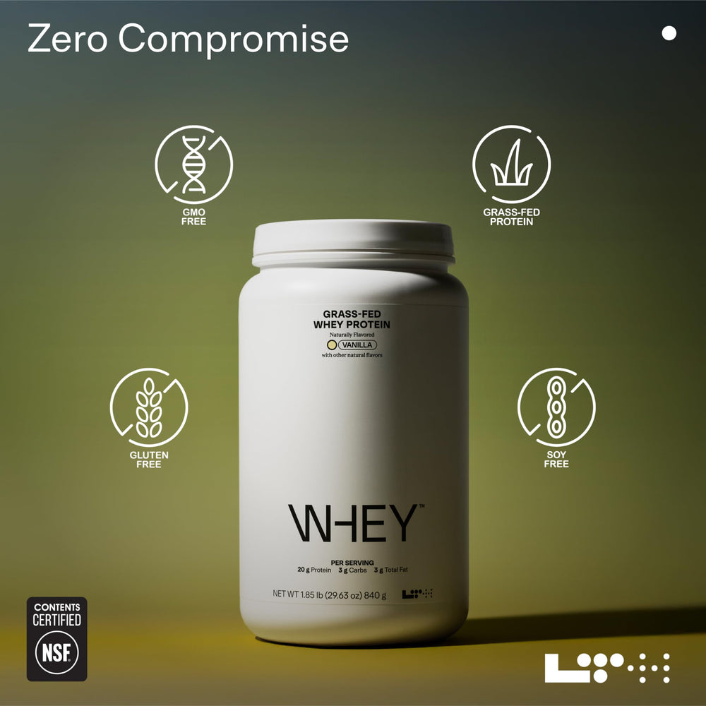Back panel with nutrition information for LTH Whey Protein grass-fed vanilla 930g