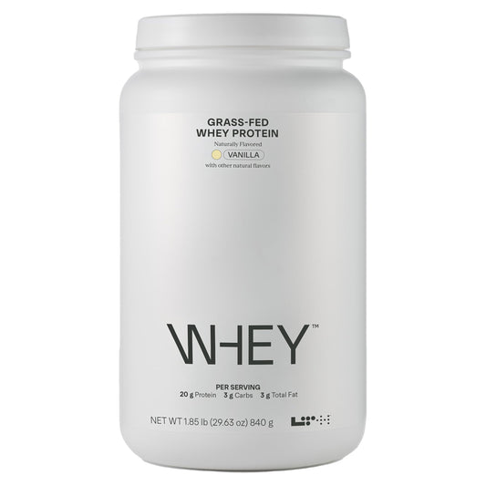 Front label of LTH Whey Protein grass-fed vanilla 930g