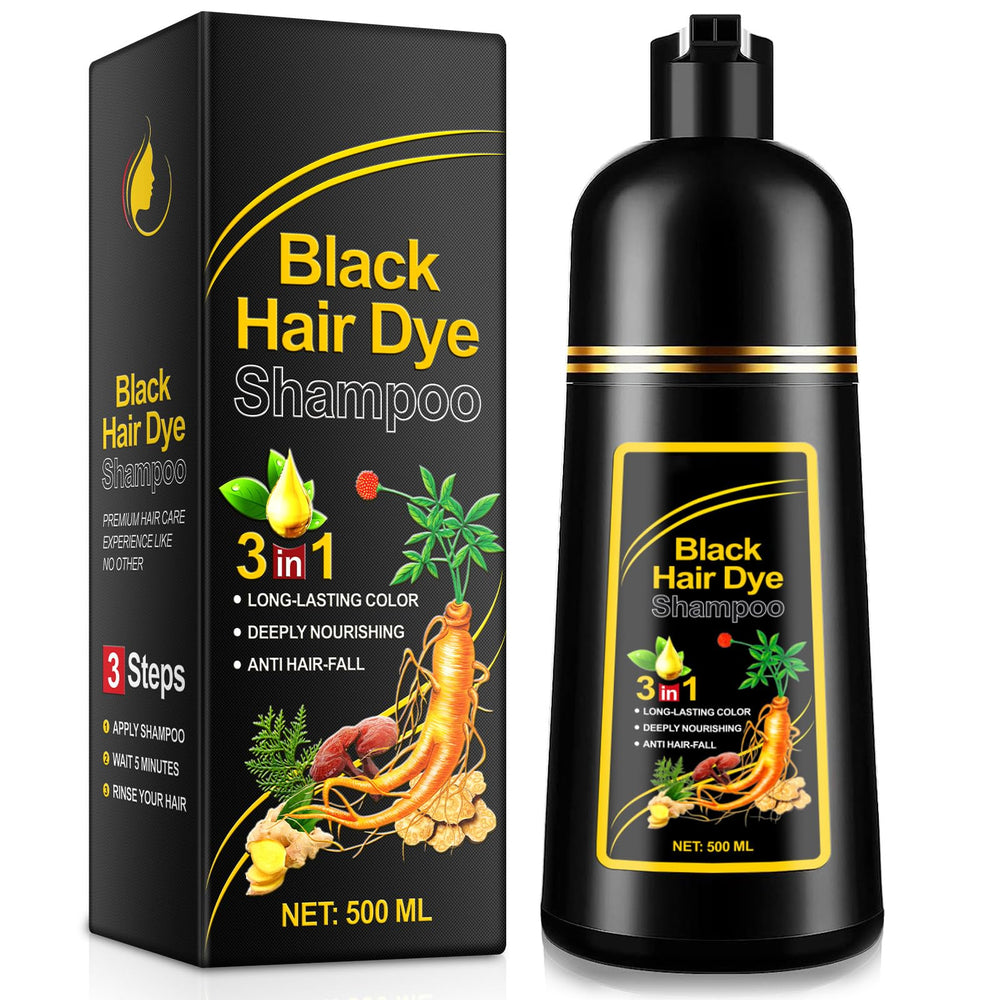 LTQXGT black hair dye shampoo bottle showing the 3-in-1 formula for easy at-home color