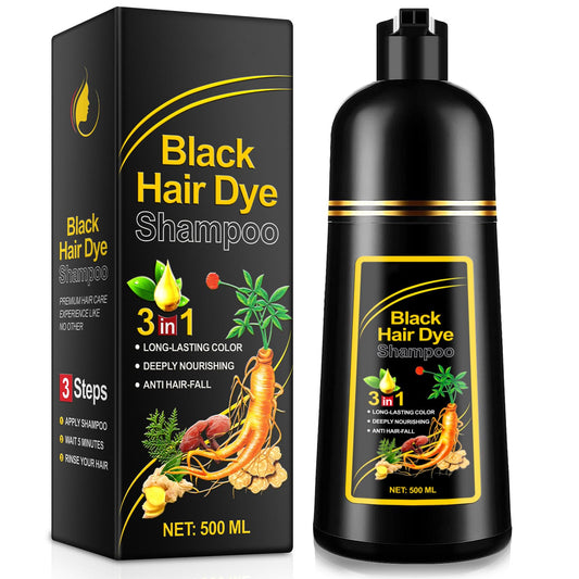 LTQXGT black hair dye shampoo bottle showing the 3-in-1 formula for easy at-home color