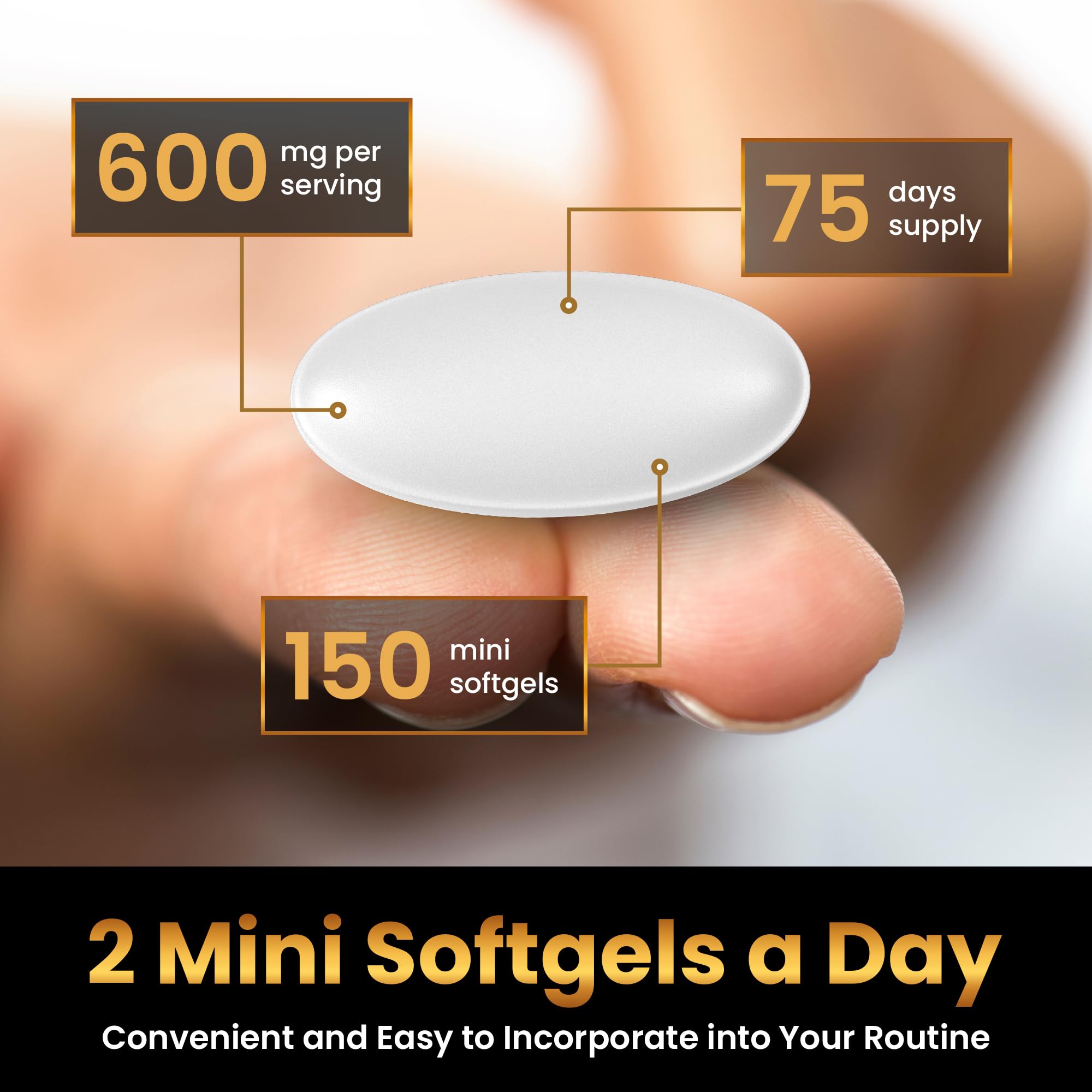 Stack of mini softgels demonstrating easy-to-swallow size