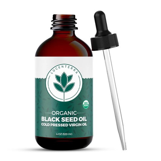 Lucenterra Organic Black Seed Oil 4oz in amber glass bottle