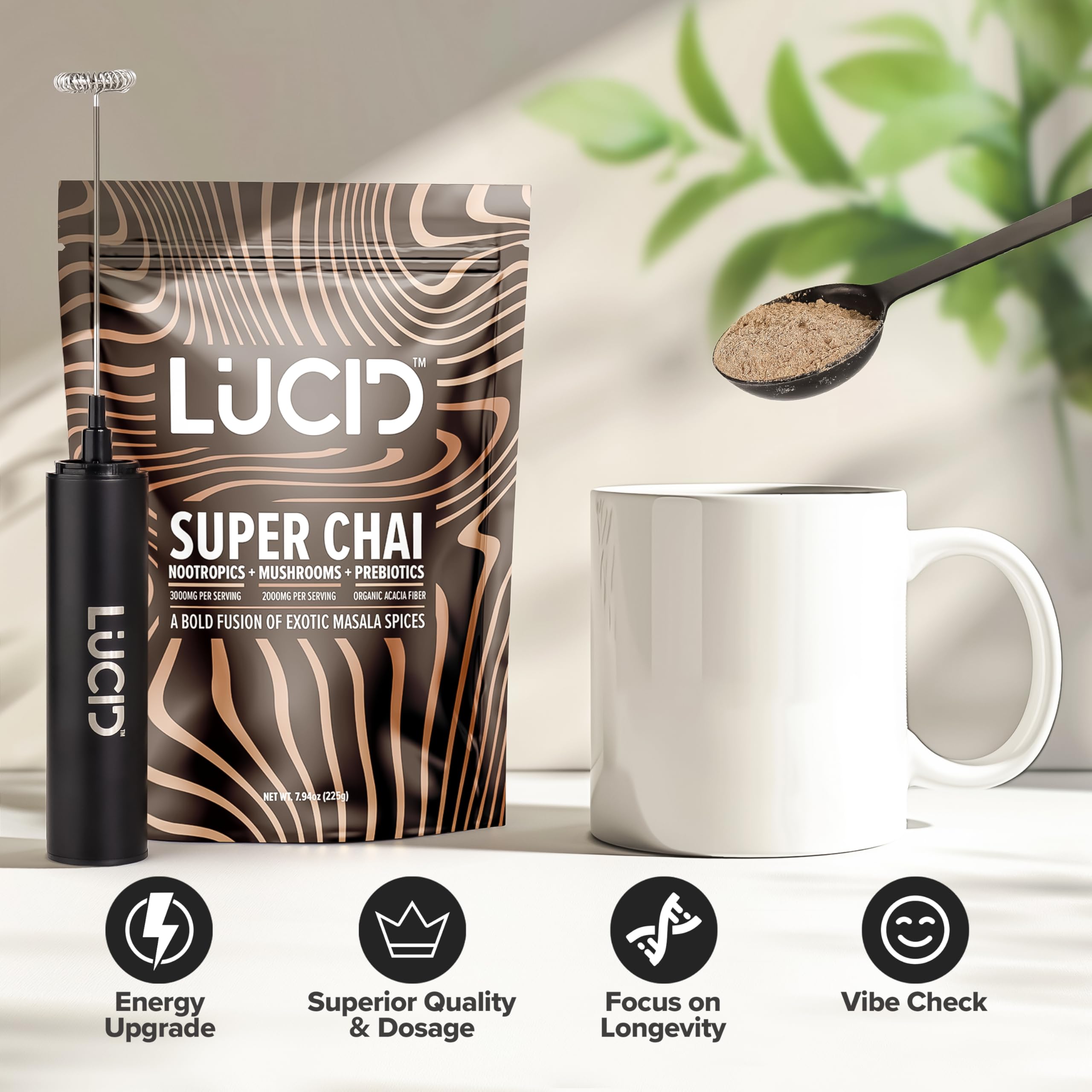 Lucid Mushroom Chai Alpha GPC L-Theanine hint highlights cognitive-friendly ingredients.
