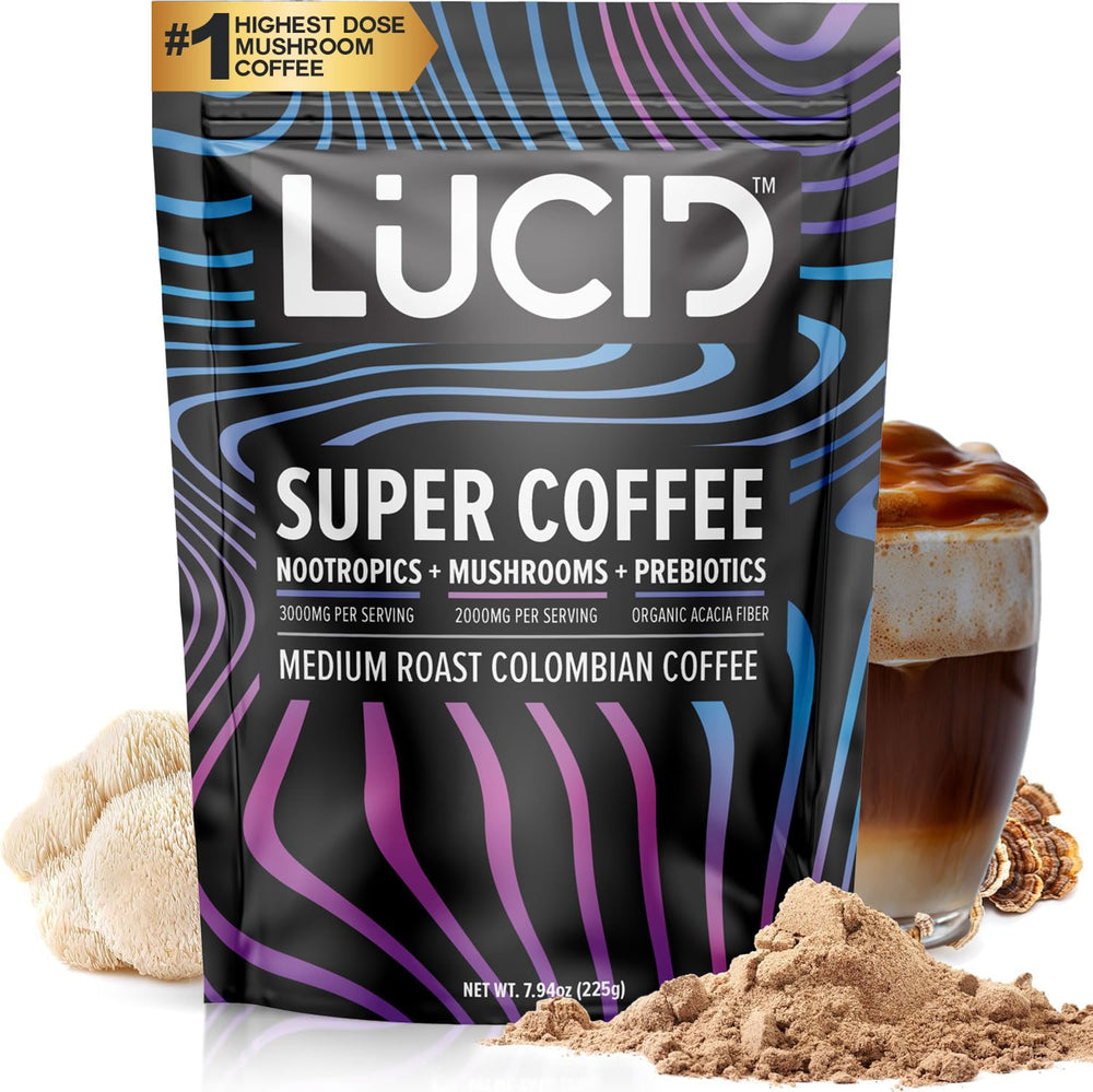 Lucid Superfood Mushroom Coffee packaging shows premium blend for a energizing morning routine
