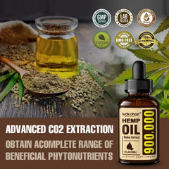 Close-up of LUCKCHAN hemp oil bottle label in pack