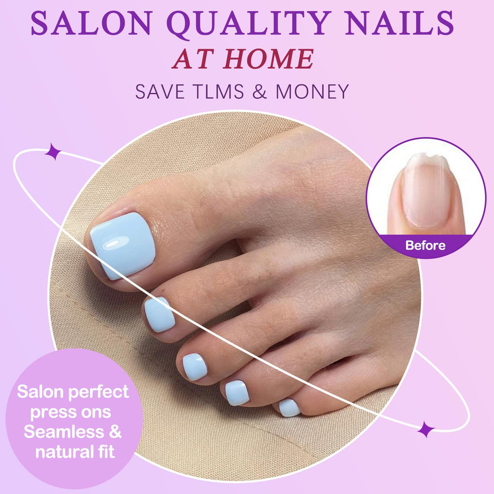 LuckForever blue acrylic toe nails for durable, natural-looking coverage.