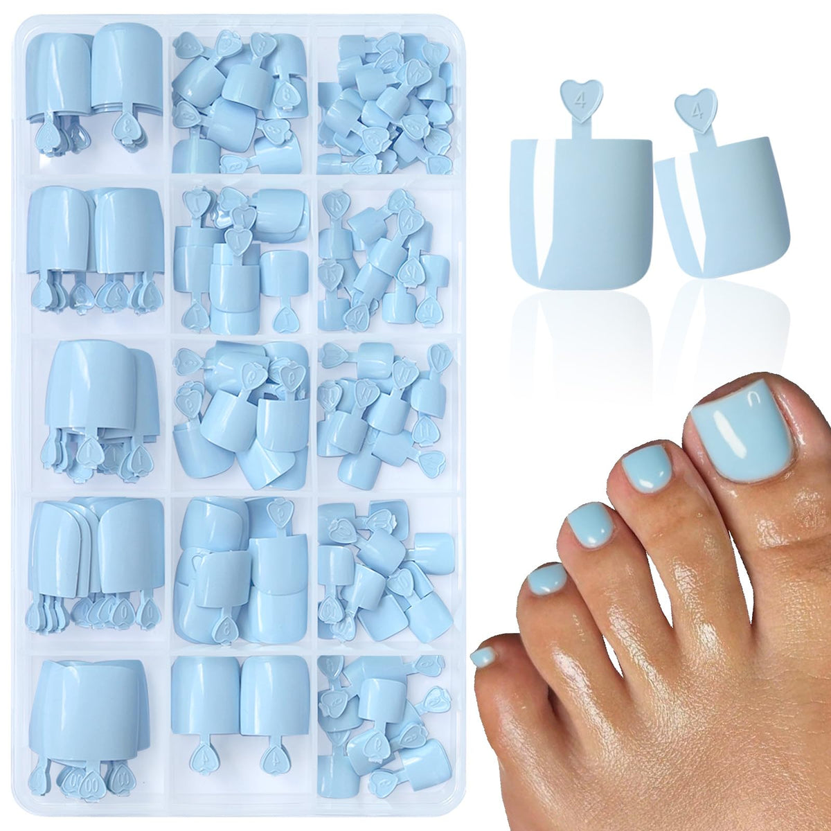LuckForever blue press-on toenails with short square tips for quick salon-like pedicures.