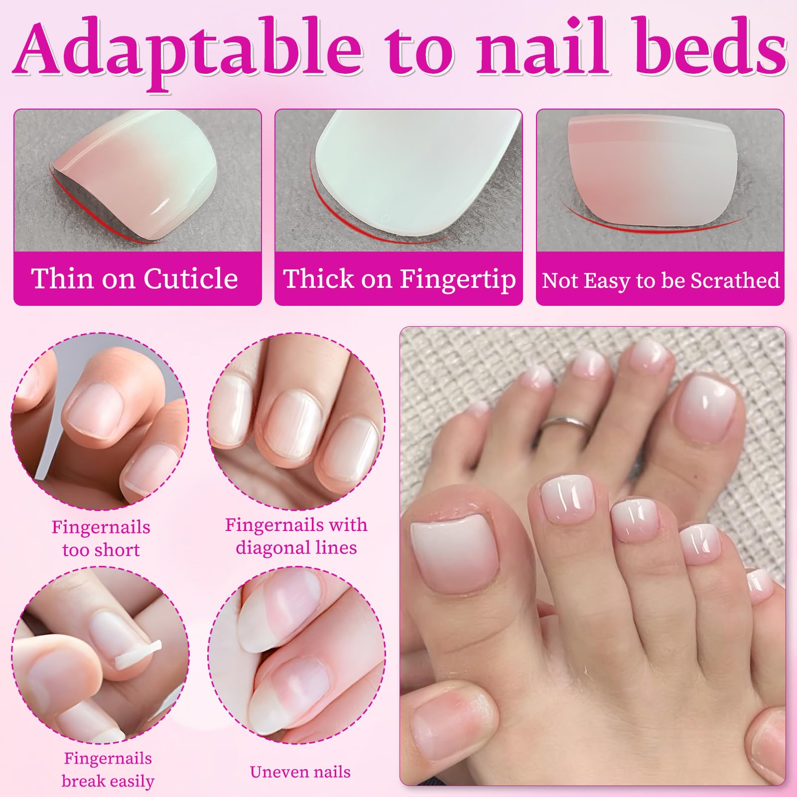 LuckForever ombre press-on toenails pink to white square for quick at-home glam.
