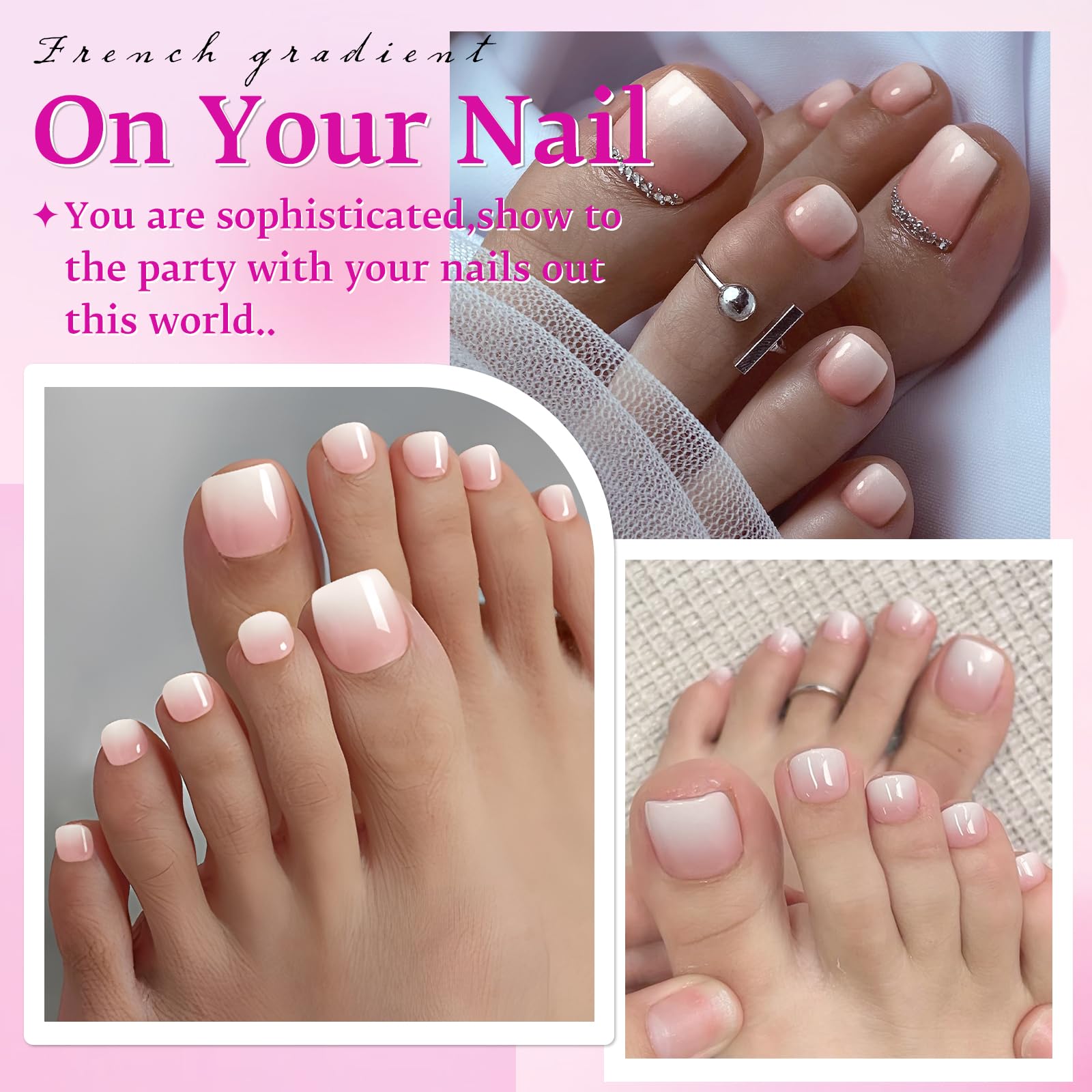LuckForever pink-white ombre toenails with glossy finish for versatile style.