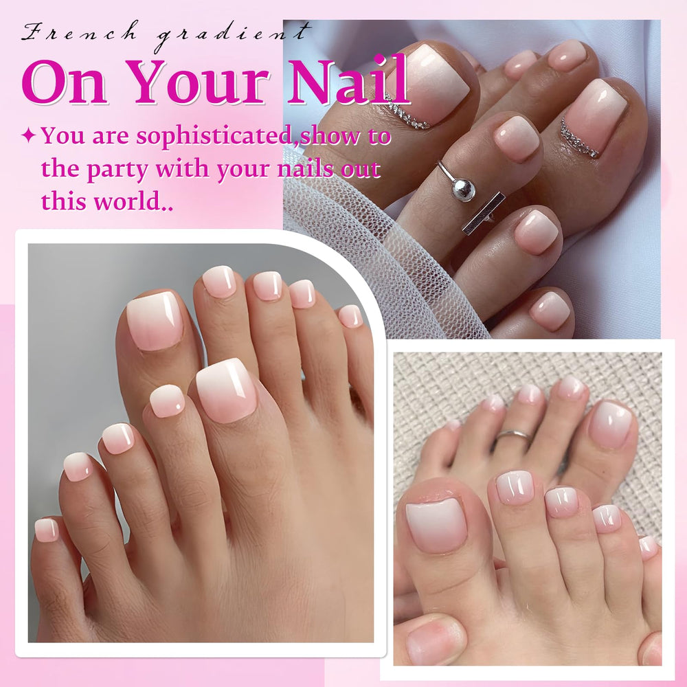 LuckForever pink-white ombre toenails with glossy finish for versatile style.