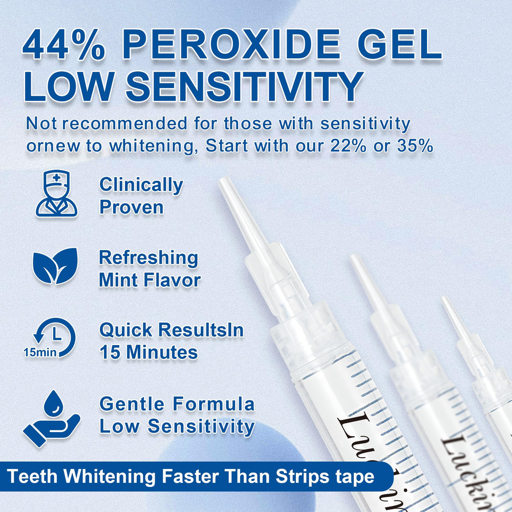 Pack of ten whitening gel tubes displayed