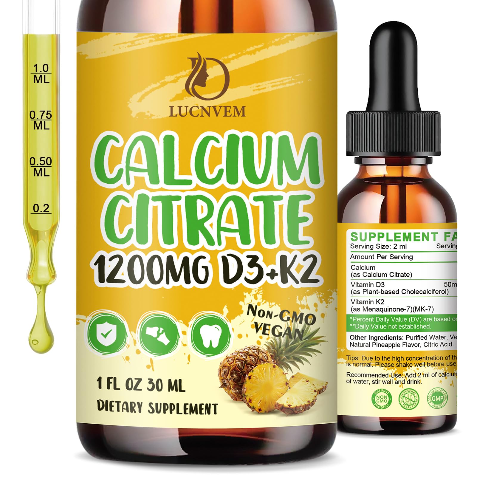 LUCNVEM Calcium Citrate 1200 mg Liquid Drops bottle with Vitamin D3 and K2