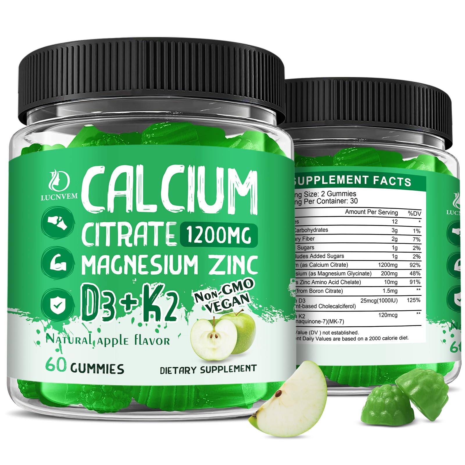 Two-pack bottle of LUCNVEM Calcium Citrate 1200 mg gummies with apple flavor