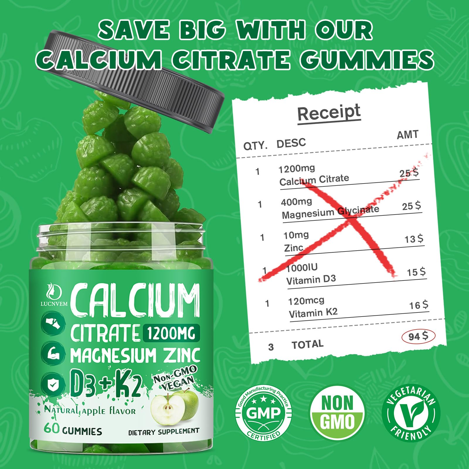 Nutrition label for LUCNVEM Calcium Citrate 1200 mg gummies