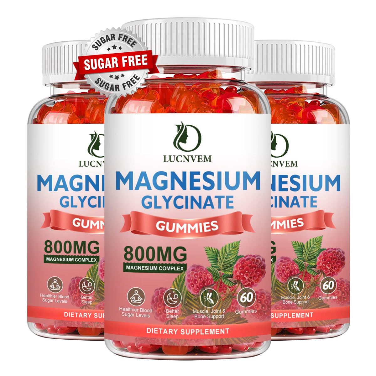 Front view of LUCNVEM Magnesium Glycinate Gummies Raspberry 60-count 3-pack