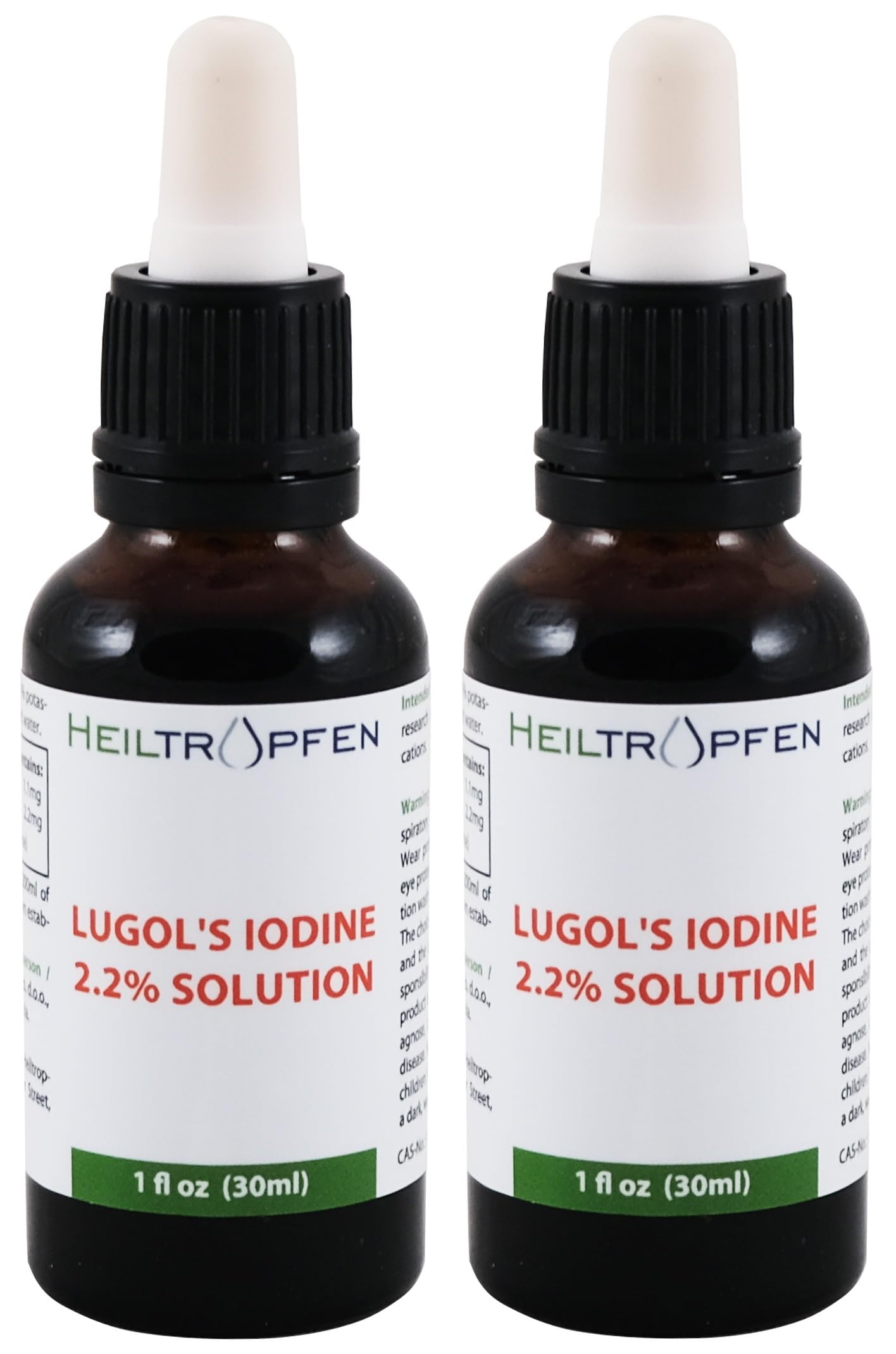 Two Lugol's iodine solution bottles in amber glass (2x1 fl oz / 2x30 ml)