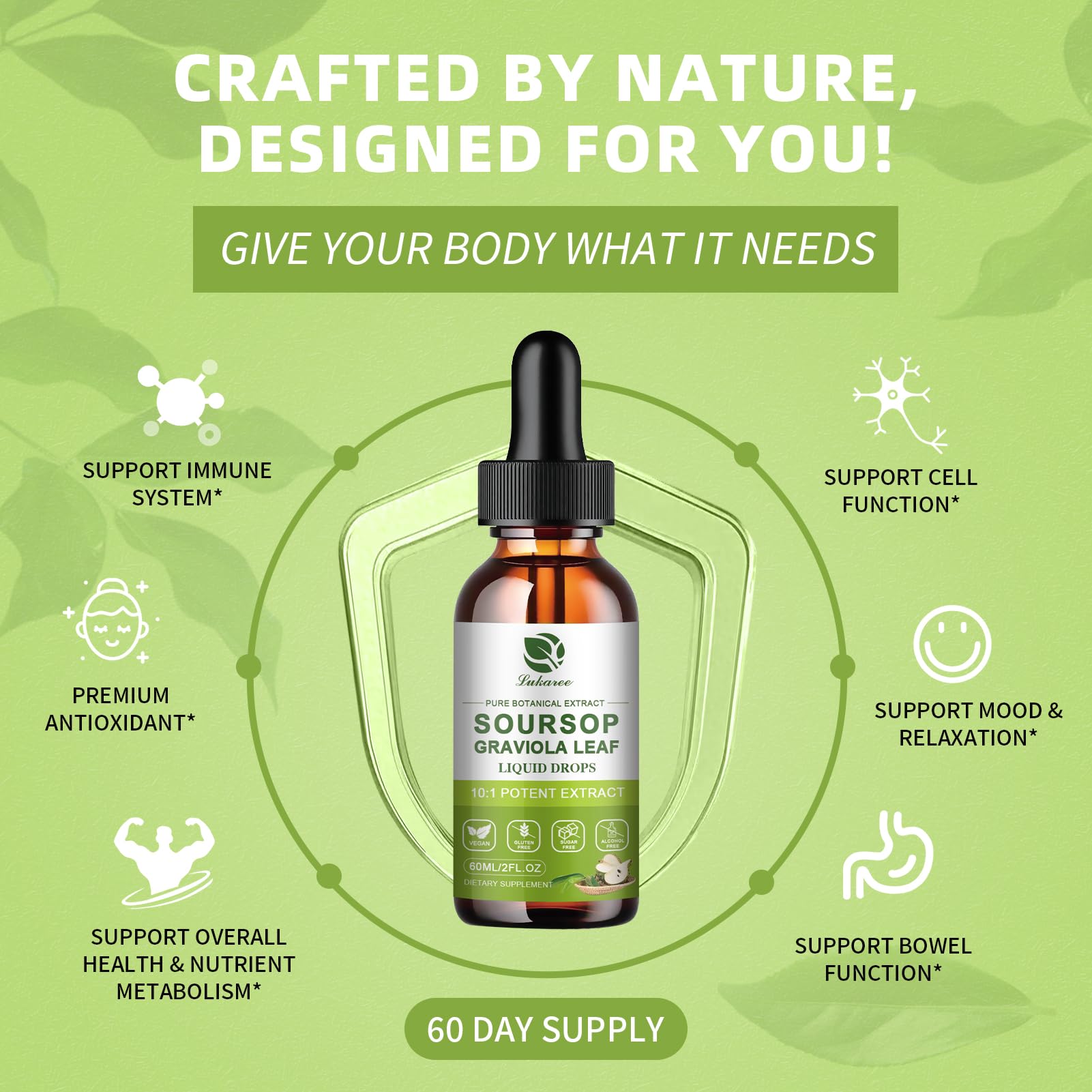 Alcohol-free vegan non-GMO labeling on Lukaree bottle