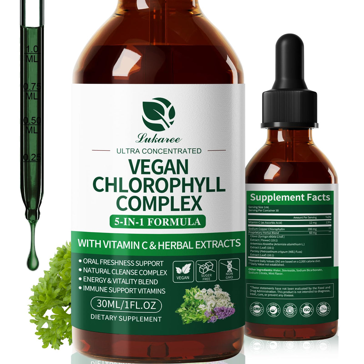 Lukaree Chlorophyll Drops 200mg 4X concentrated mint flavor bottle front view