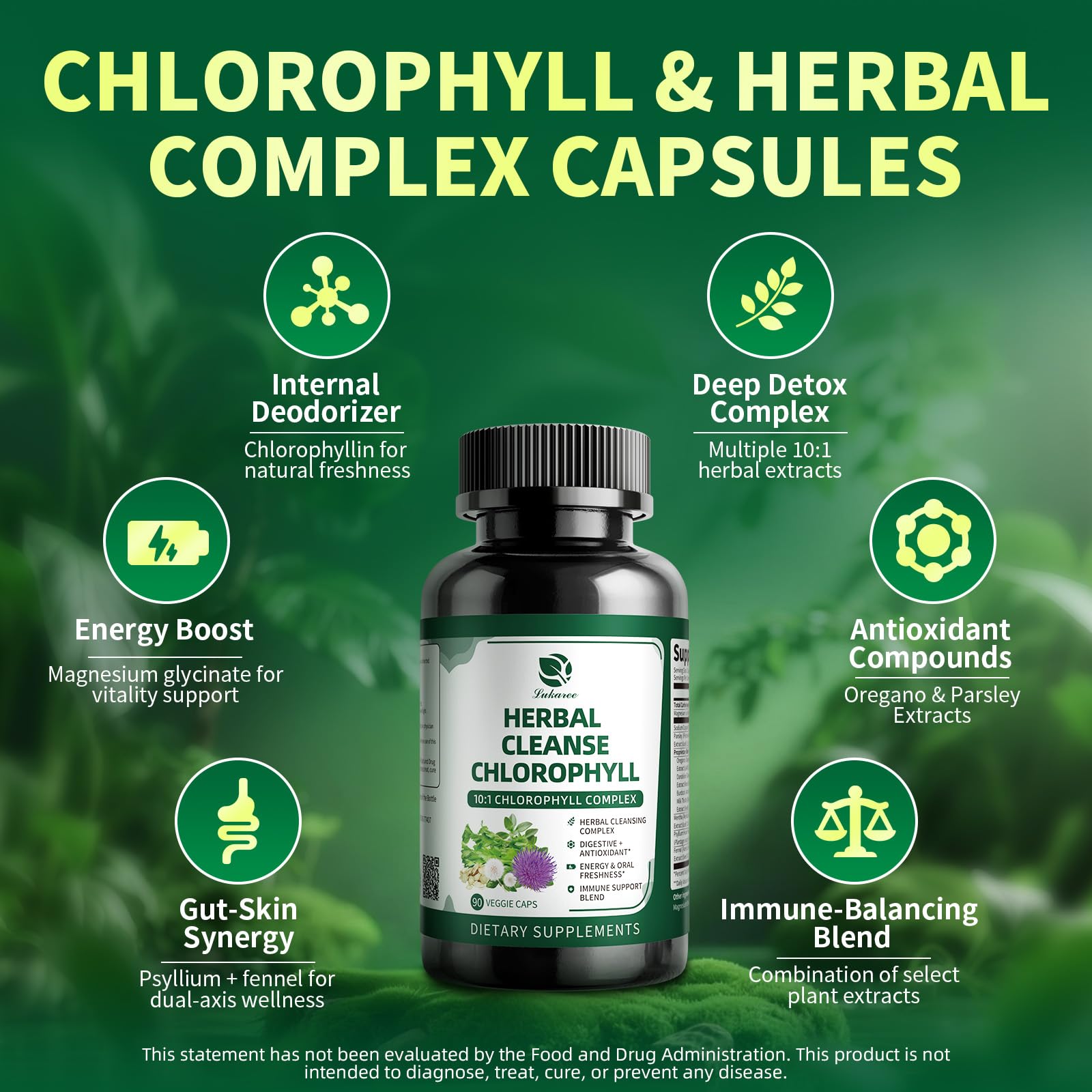Ingredients panel featuring sodium copper chlorophyllin, dandelion, burdock, and milk thistle.