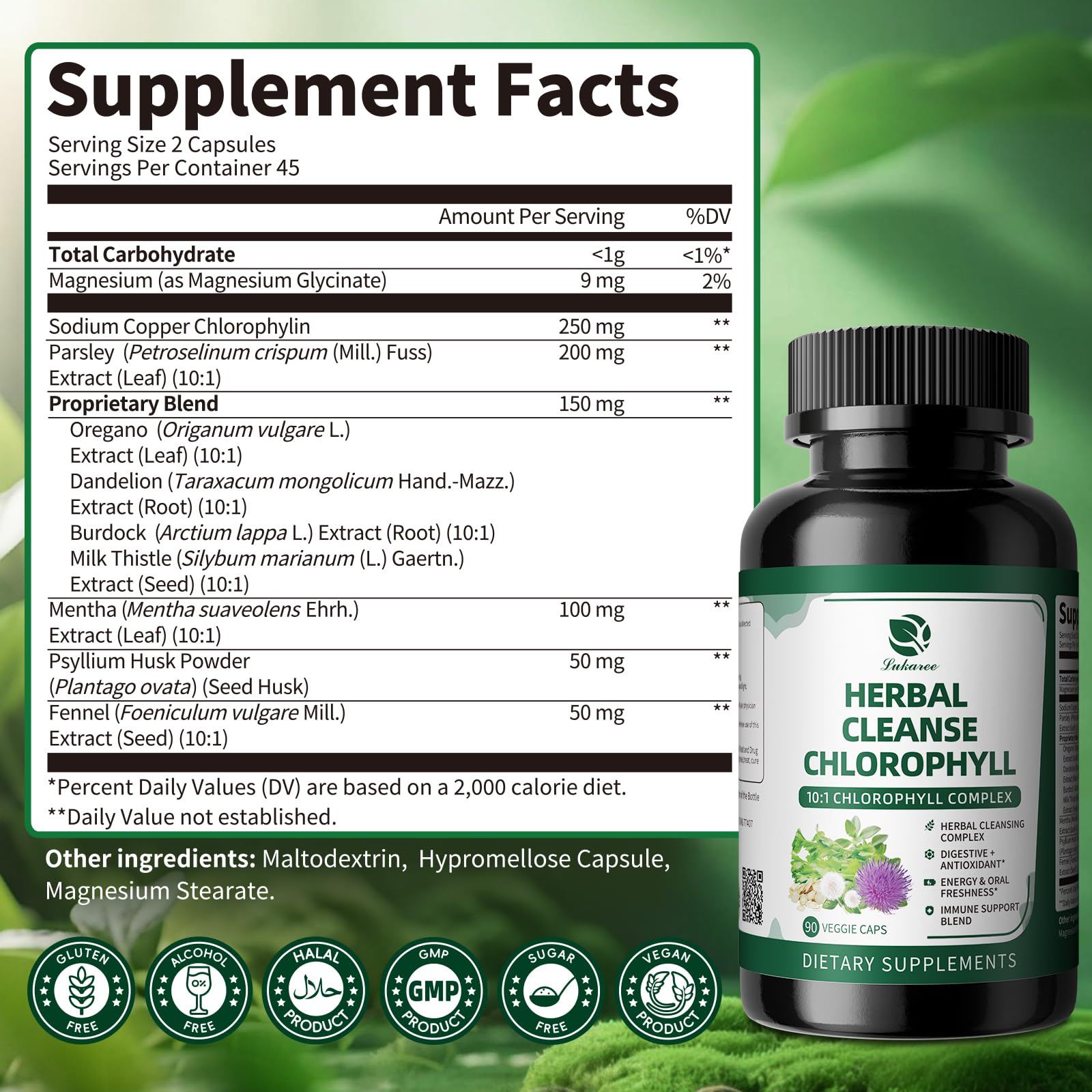 Close-up of Lukaree capsules highlighting vegan capsule form for gut health and freshness.