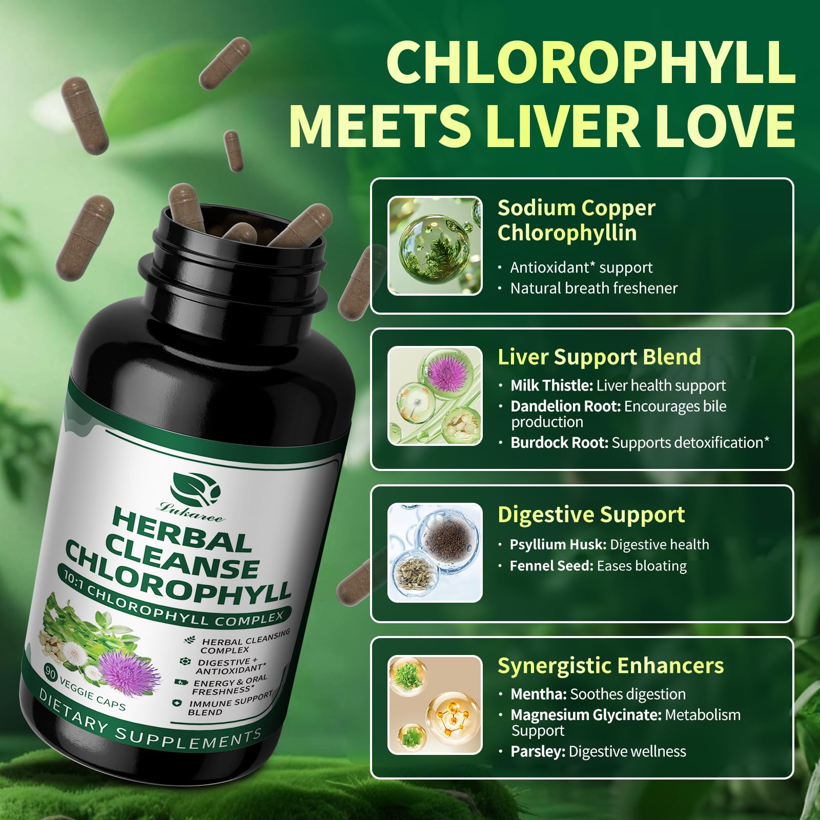 Supplement facts and ingredients label for Lukaree Chlorophyll Herbal Complex.