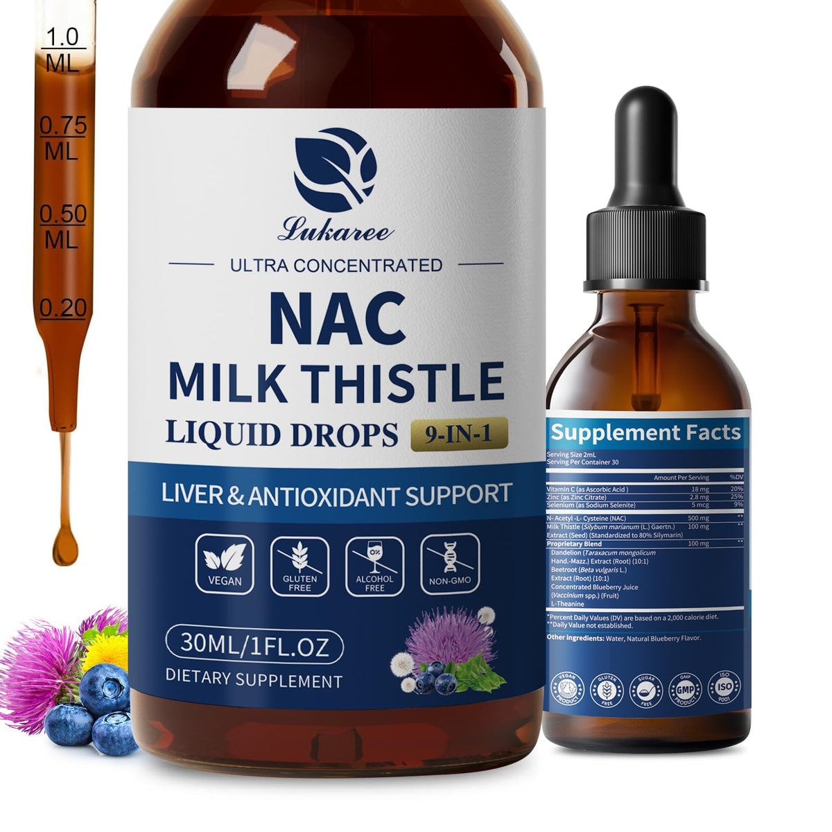 Lukaree Liposomal NAC 600mg Drops bottle on white background