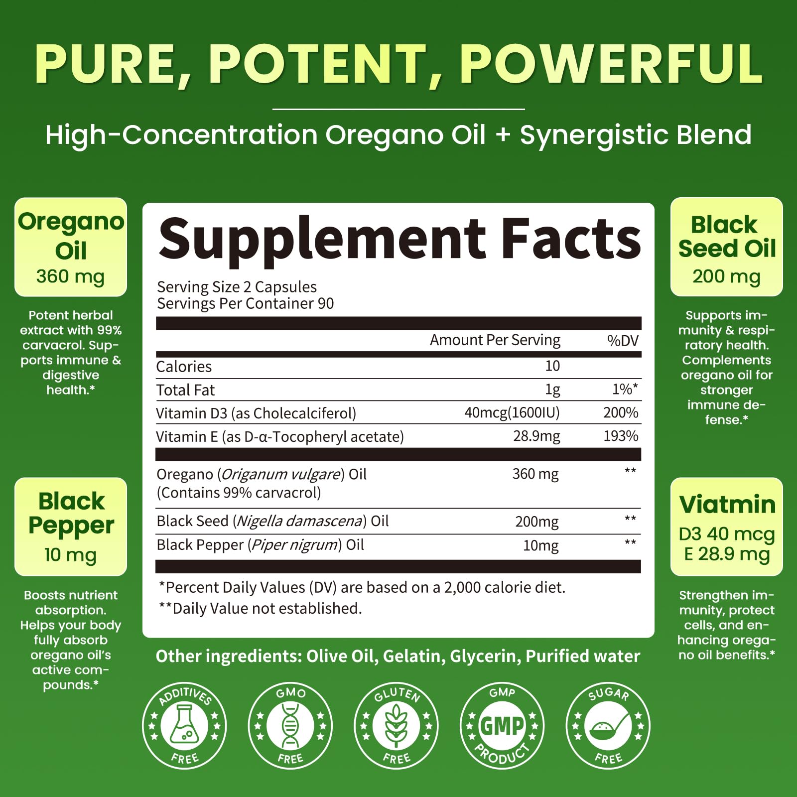 Close-up of oregano oil and black seed oil softgels