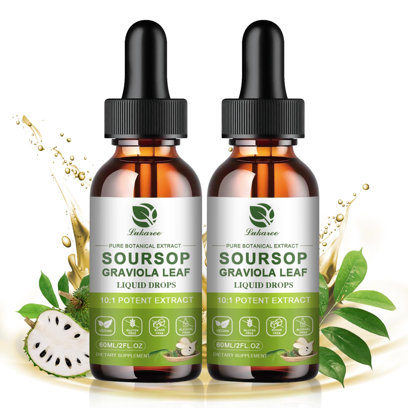 Lukaree Pure Soursop Leaf Drops bottle on wood table for convenient immune support.