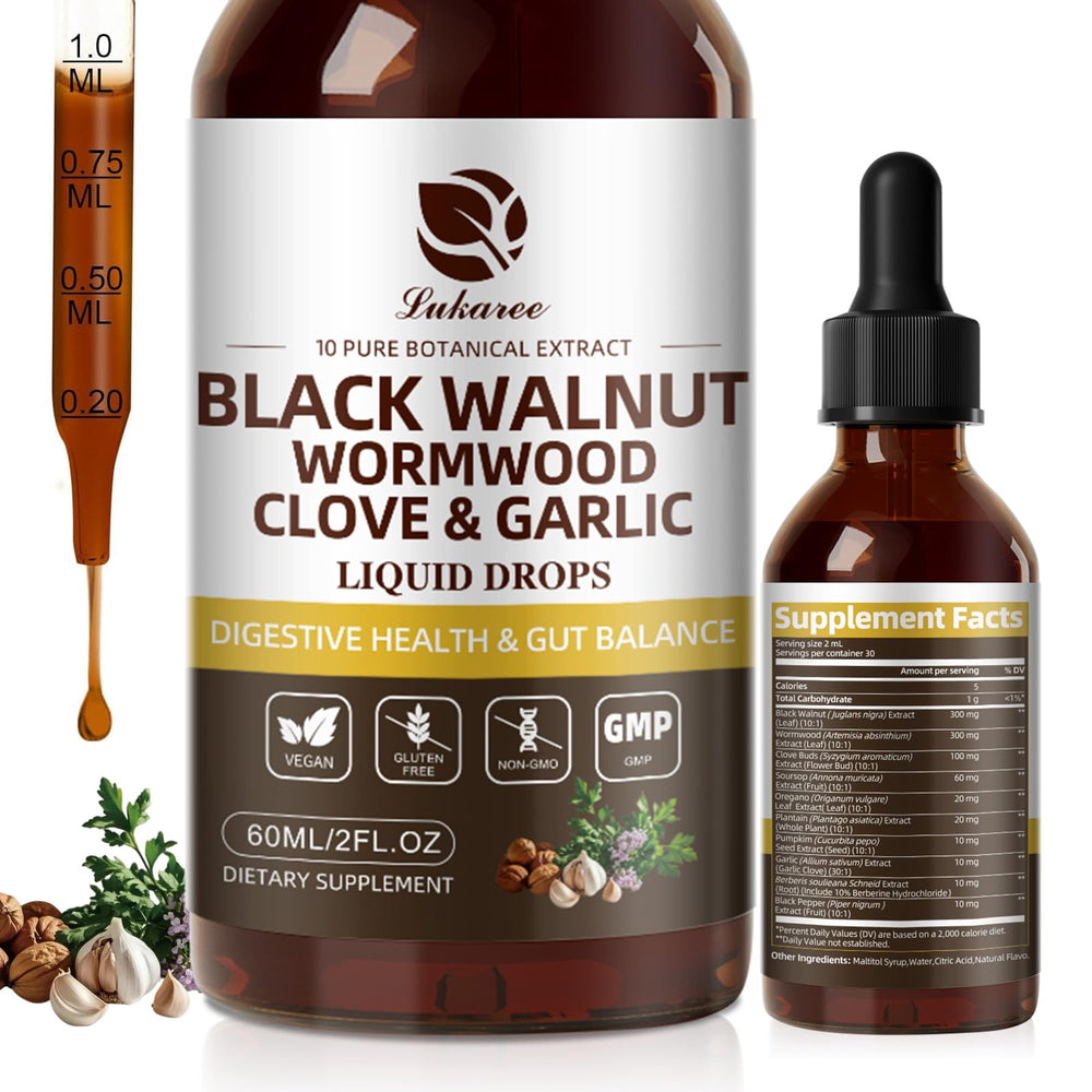 Lukaree Wormwood Black Walnut Clove Cleanse Tincture bottle on white