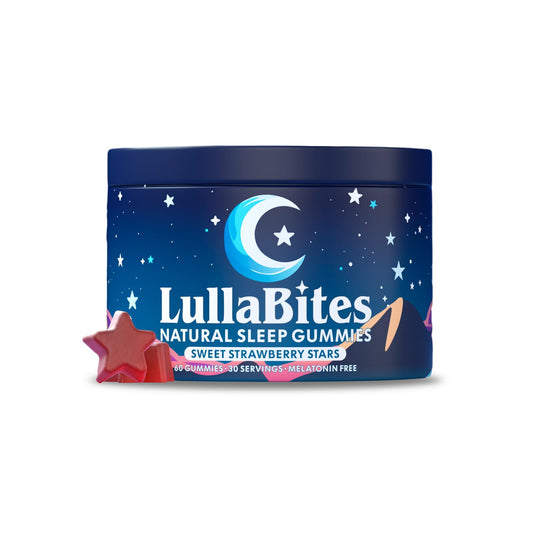 LullaBites Sleep Gummies bottle with strawberry flavor label