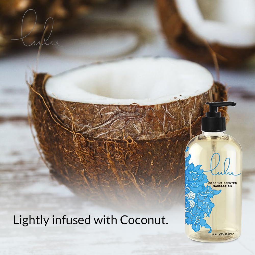 Front view of Lulu Coconut Massage Oil packaging