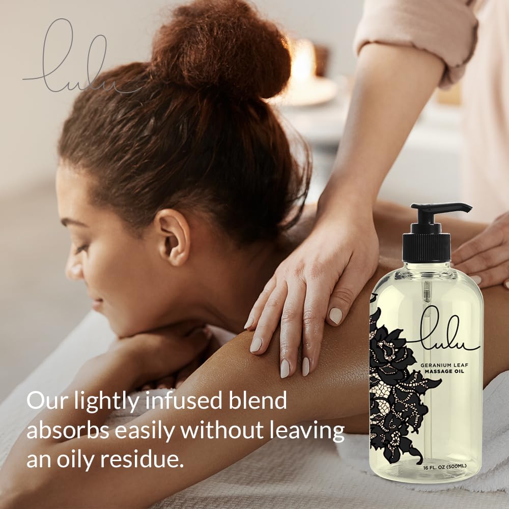 Hands applying Lulu Geranium Massage Oil during a massage