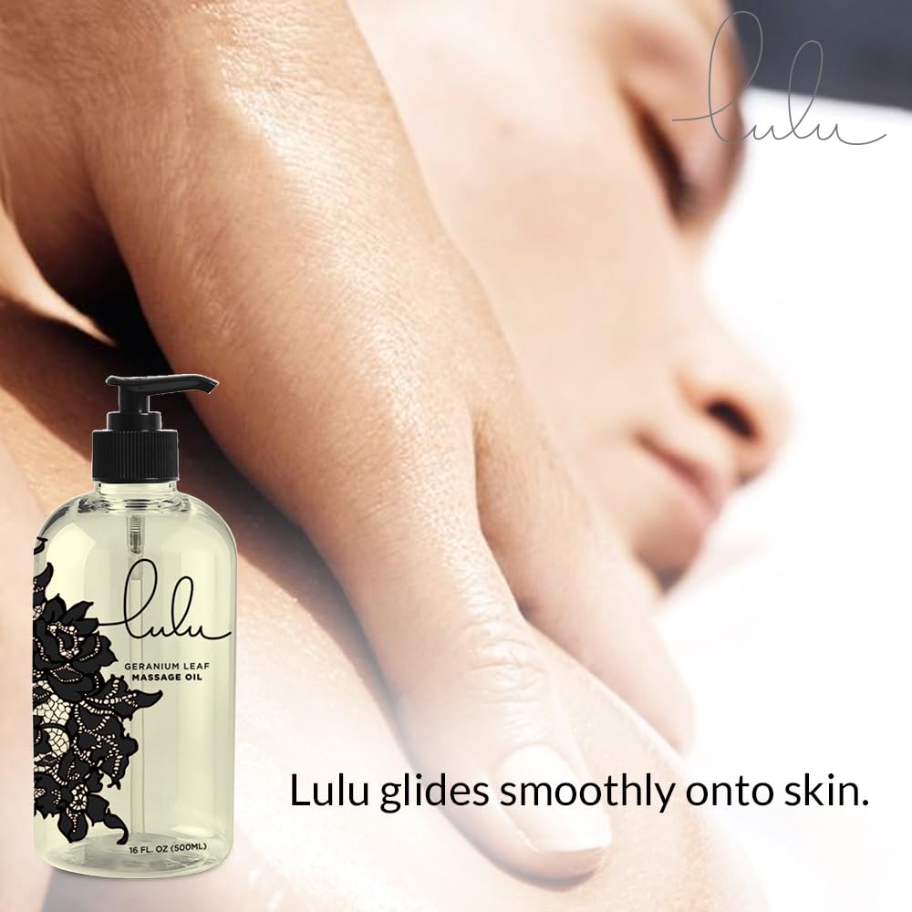 Close-up of Lulu Geranium Massage Oil bottle