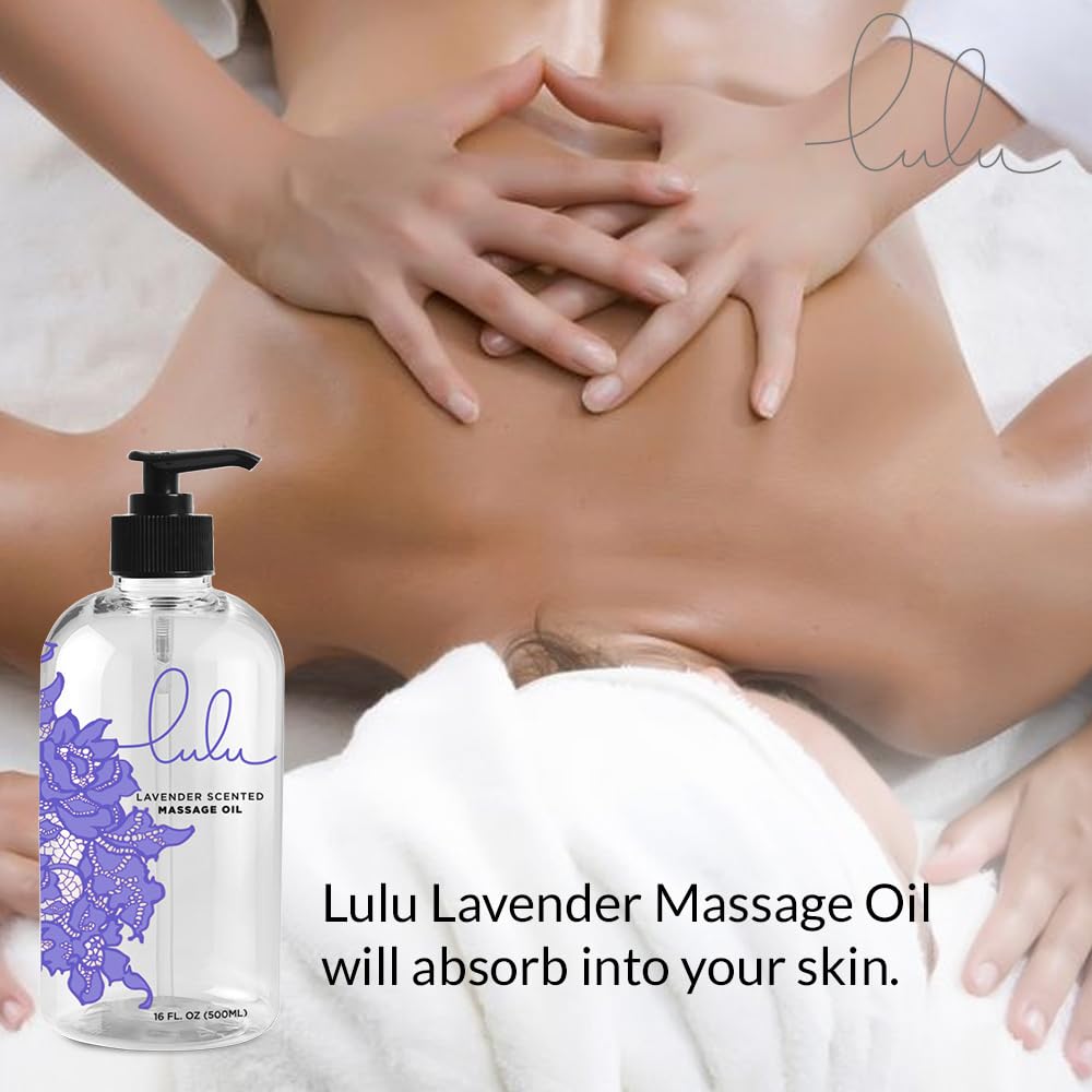 Close-up of Lulu Lavender Massage Oil bottle