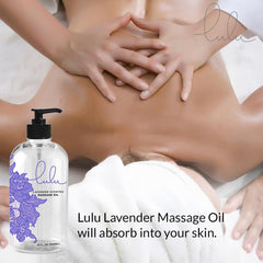 Close-up of Lulu Lavender Massage Oil bottle