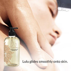 Close-up of Lulu Vanilla Massage Oil bottle