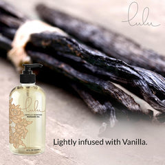 Product packaging and label of Lulu Vanilla Massage Oil