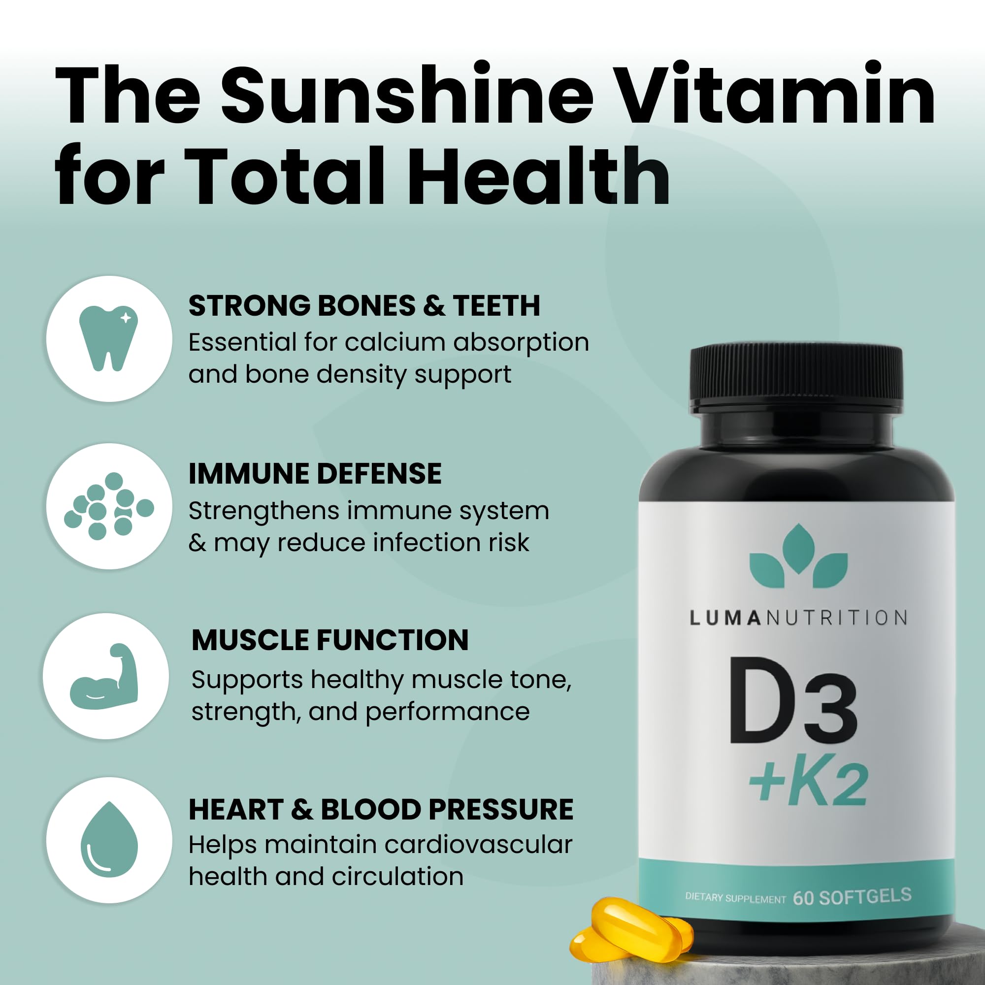 Close-up of D3 + K2 softgels capsules